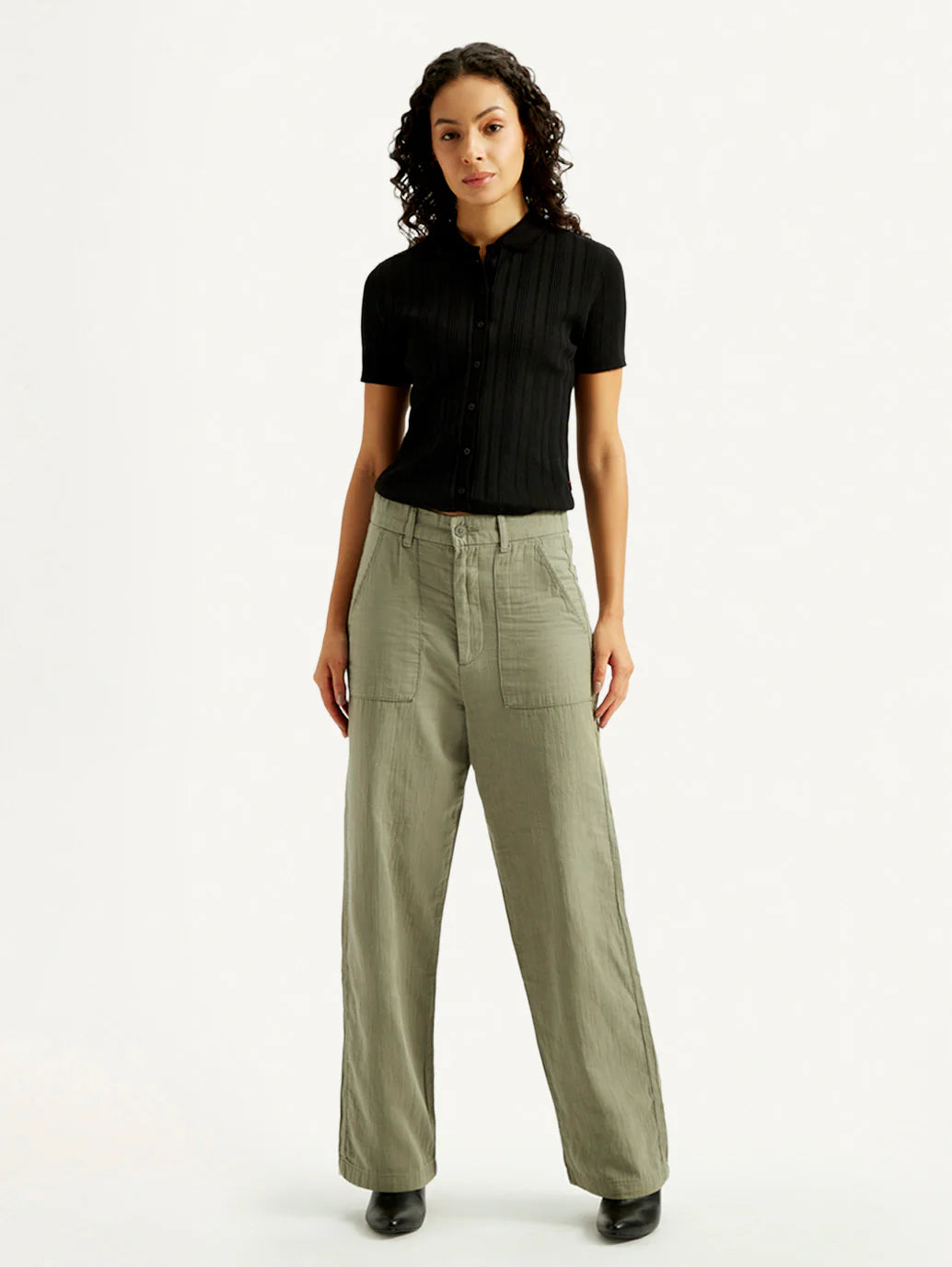 Modern Womens Olive Green Loose Fit Mid Rise Pants with Lightweight Fabric