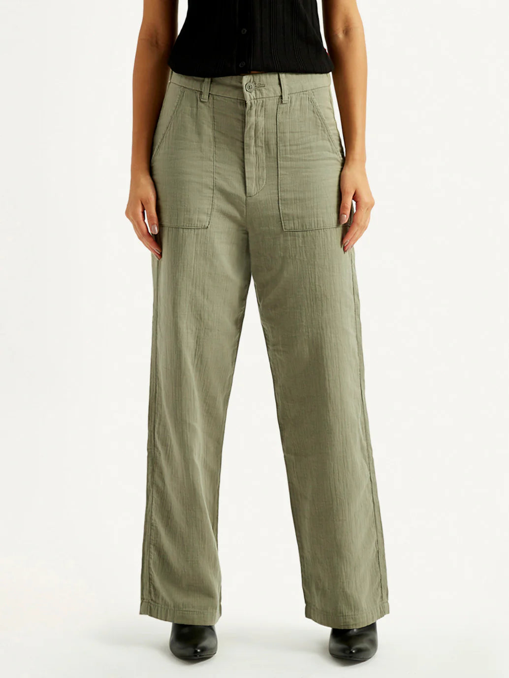 Modern Womens Olive Green Loose Fit Mid Rise Pants with Lightweight Fabric