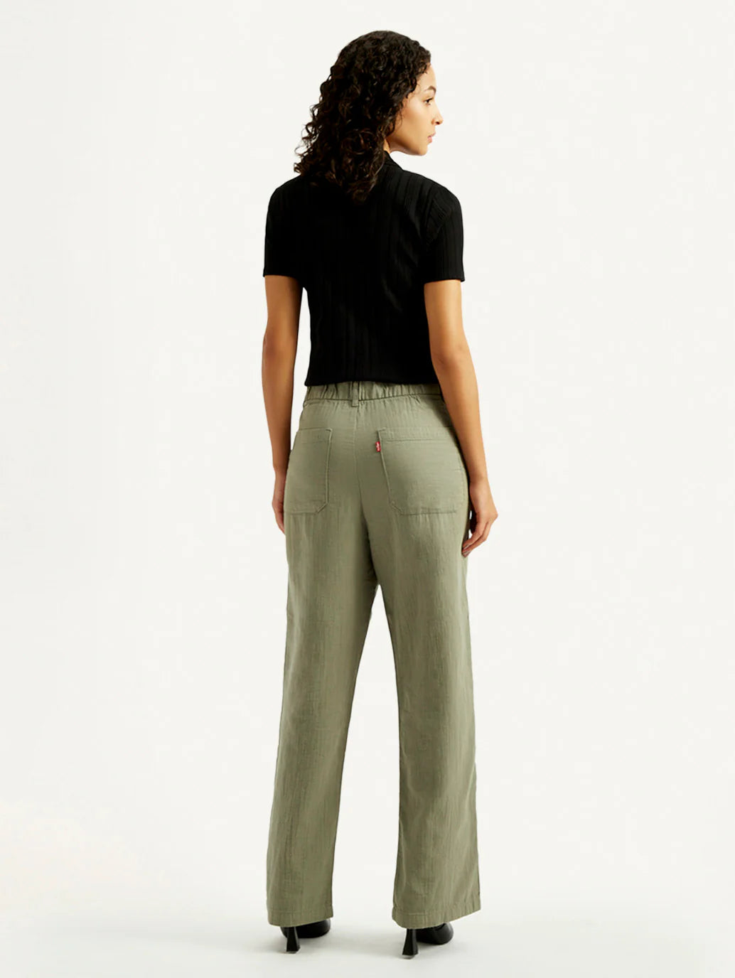 Modern Womens Olive Green Loose Fit Mid Rise Pants with Lightweight Fabric