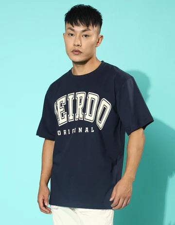 Stylish Navy Oversized Typography Printed T-Shirt for Men’s Casual Streetwear and Everyday Fashion