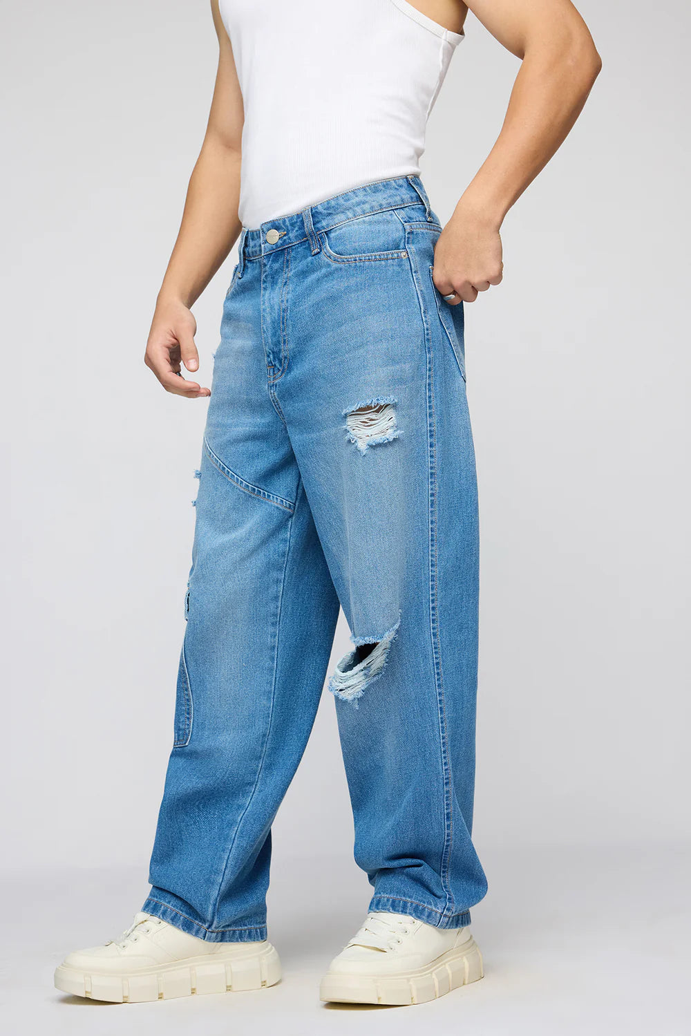 Premium Blue Streetwise Torn Straight Fit Men's Jeans with Soft Washed Finish