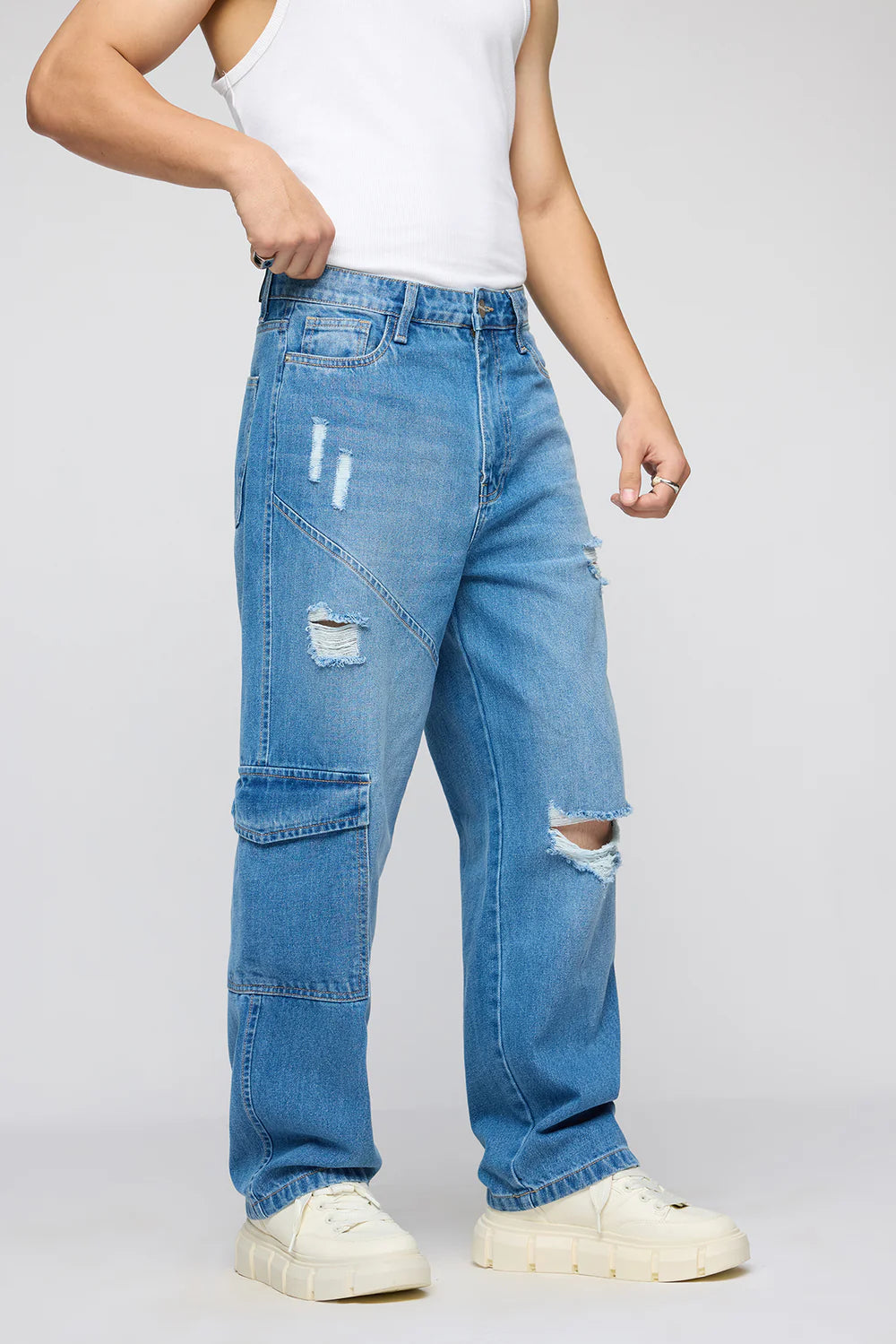 Premium Blue Streetwise Torn Straight Fit Men's Jeans with Soft Washed Finish