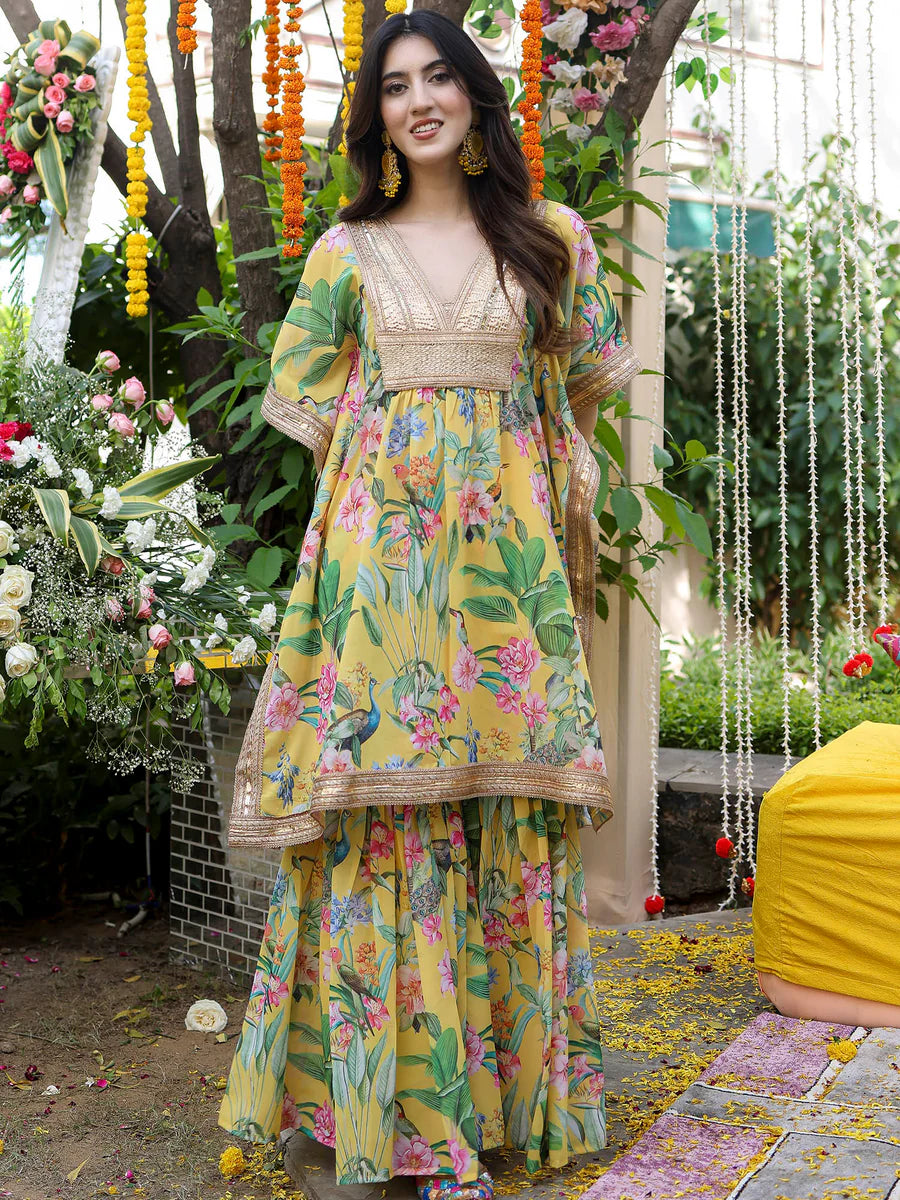 Modern Women’s Yellow Kaftan Printed Set Featuring Elegant Patterns and Lightweight Fabric