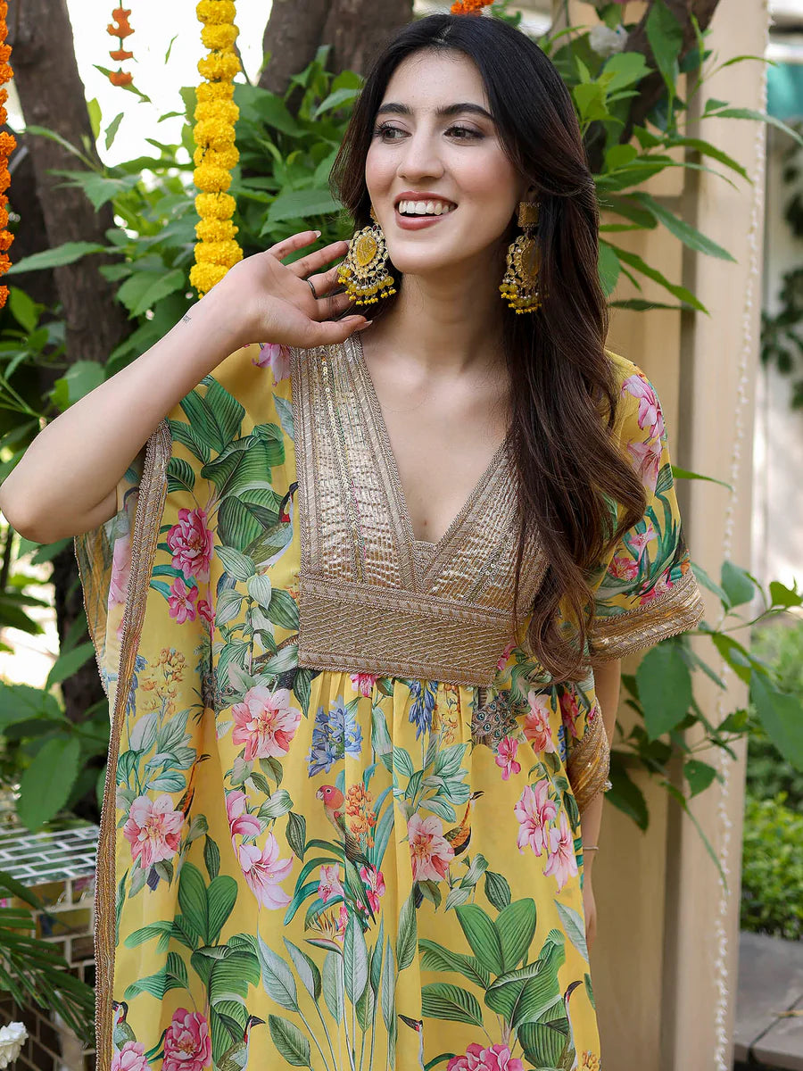 Modern Women’s Yellow Kaftan Printed Set Featuring Elegant Patterns and Lightweight Fabric
