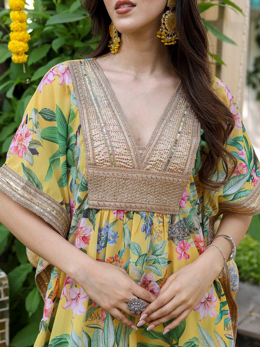 Modern Women’s Yellow Kaftan Printed Set Featuring Elegant Patterns and Lightweight Fabric