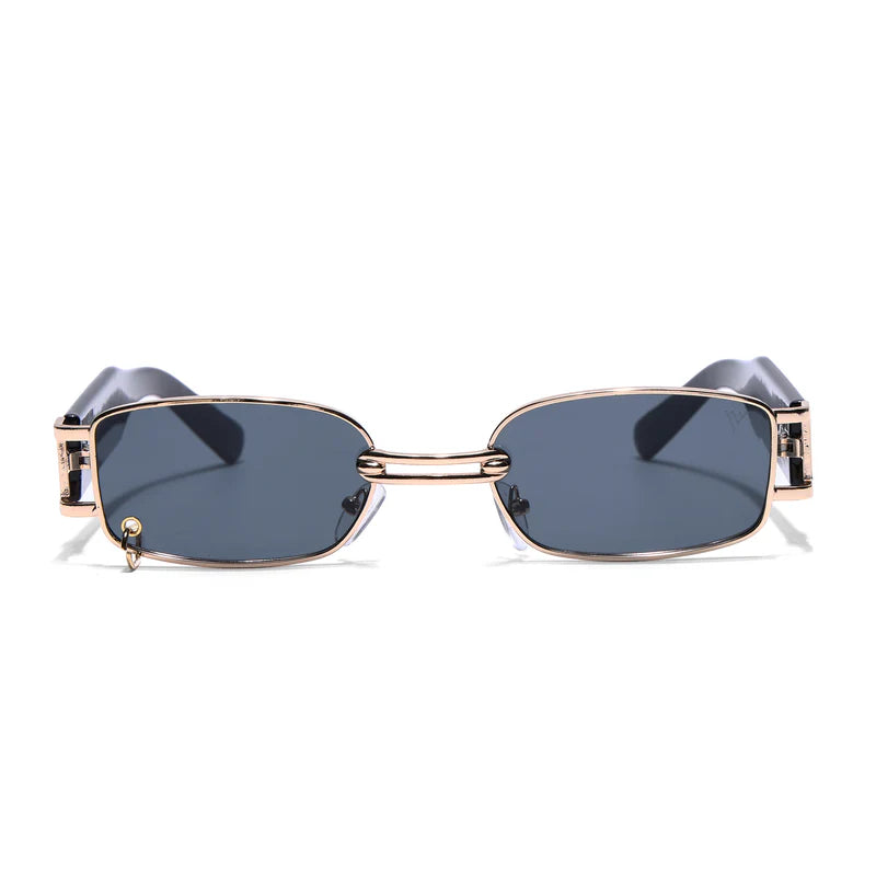 Trendy Golden Rectangle Sunglasses with Black Lenses