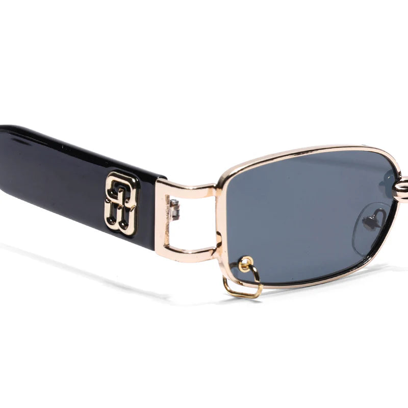 Trendy Golden Rectangle Sunglasses with Black Lenses