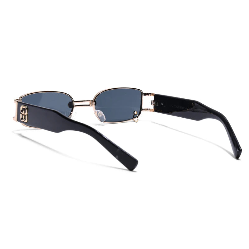 Trendy Golden Rectangle Sunglasses with Black Lenses