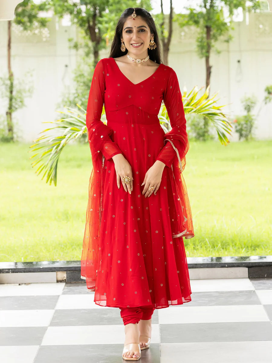 Stylish Meher Red Embroidered Anarkali Outfit for Wedding and Party Look
