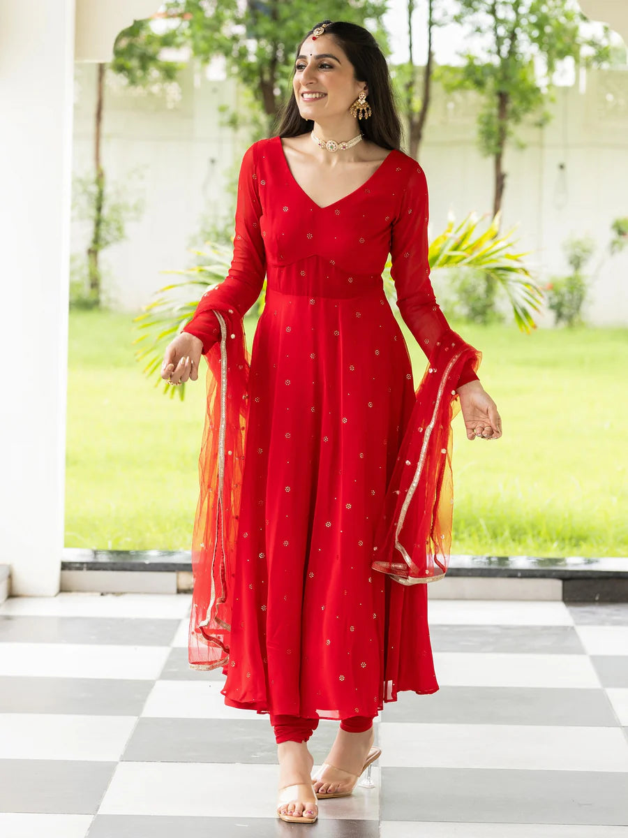 Stylish Meher Red Embroidered Anarkali Outfit for Wedding and Party Look