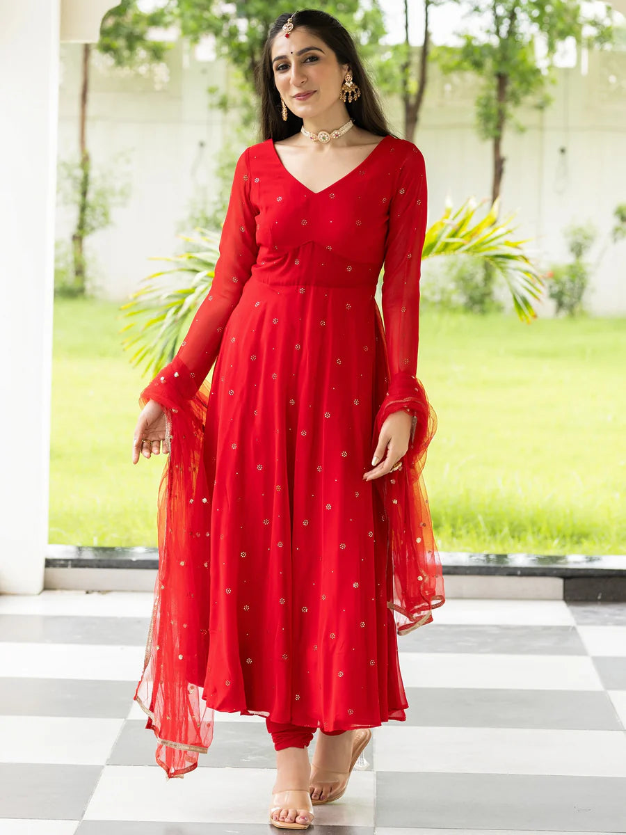 Stylish Meher Red Embroidered Anarkali Outfit for Wedding and Party Look