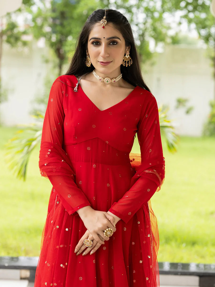 Stylish Meher Red Embroidered Anarkali Outfit for Wedding and Party Look