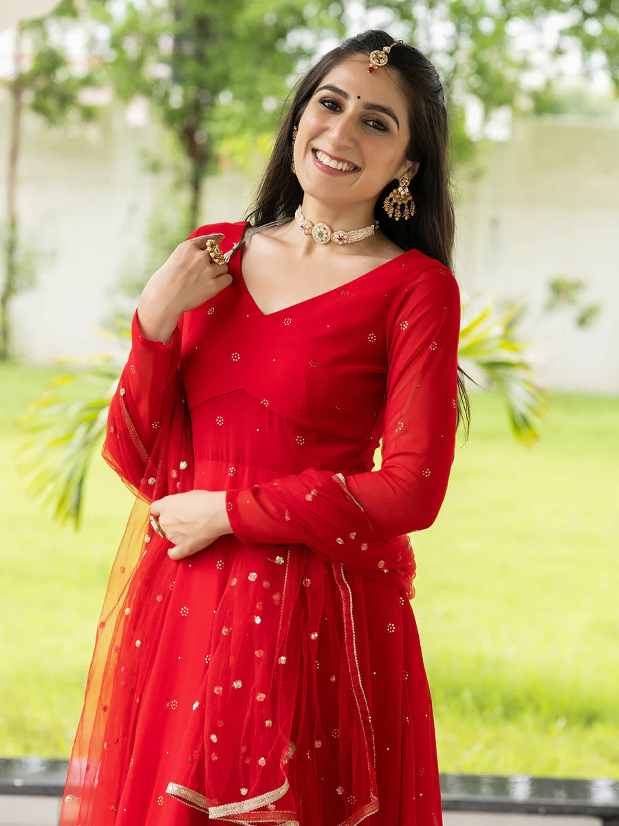 Stylish Meher Red Embroidered Anarkali Outfit for Wedding and Party Look