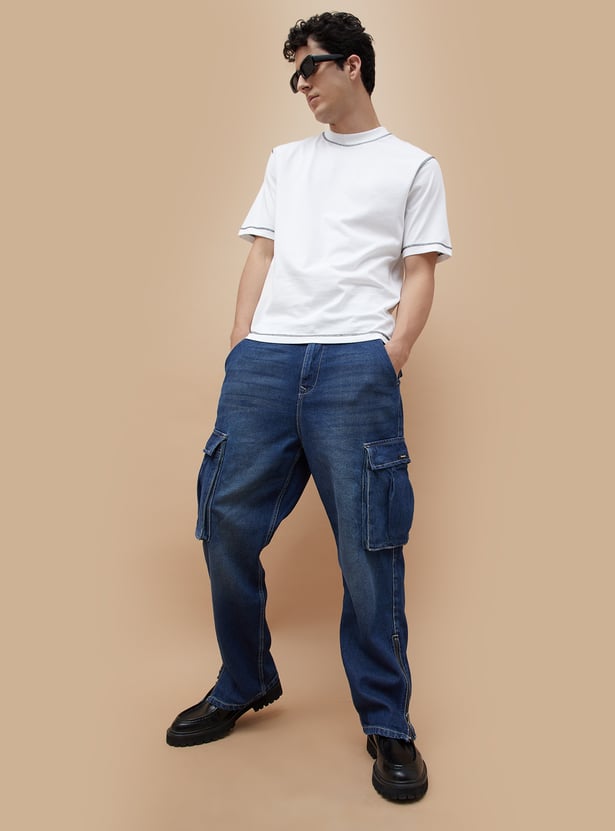 Trendy Solid Cargo Jeans for Men Relaxed Fit Everyday Denim Outfit