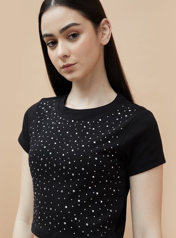 Everyday Embellished Crop T Shirt for Women Soft Breathable Comfortable Fabric