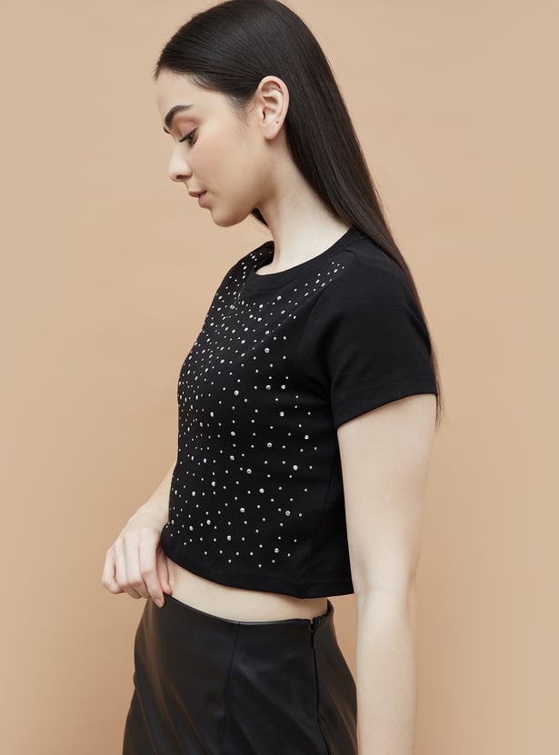 Everyday Embellished Crop T Shirt for Women Soft Breathable Comfortable Fabric