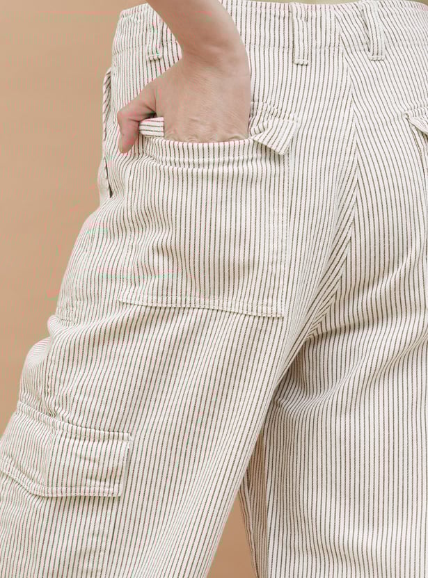 Casual Womens Striped Wide Leg Cargo Denim Jeans for Daily Wear