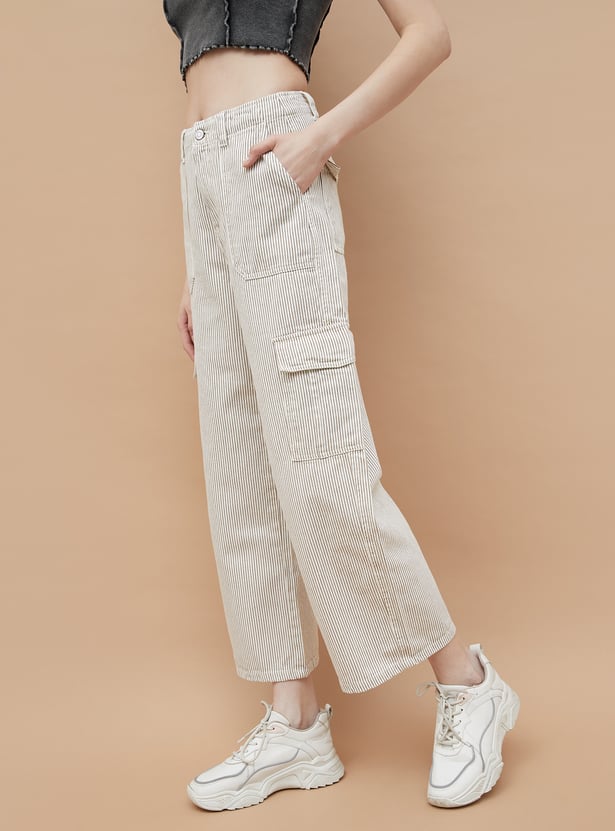 Casual Womens Striped Wide Leg Cargo Denim Jeans for Daily Wear