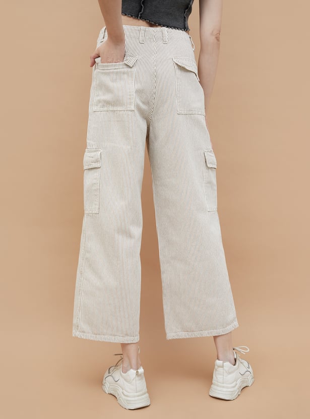 Casual Womens Striped Wide Leg Cargo Denim Jeans for Daily Wear