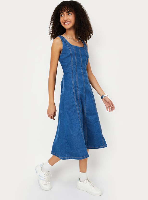Panelled Midi Denim Dress For Women