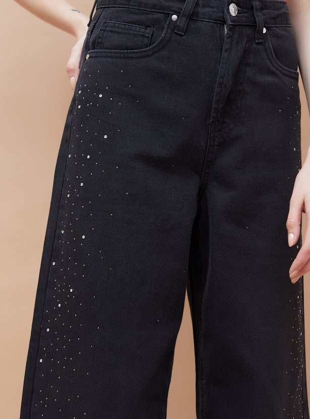 Fashionable Women’s Embellished Wide Leg Jeans Perfect for Casual Outings and Stylish Wardrobe
