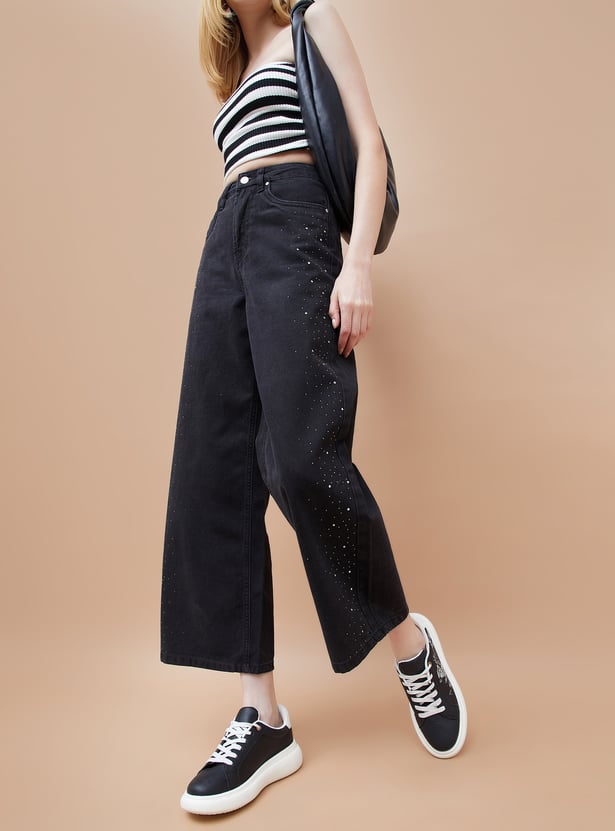 Fashionable Women’s Embellished Wide Leg Jeans Perfect for Casual Outings and Stylish Wardrobe
