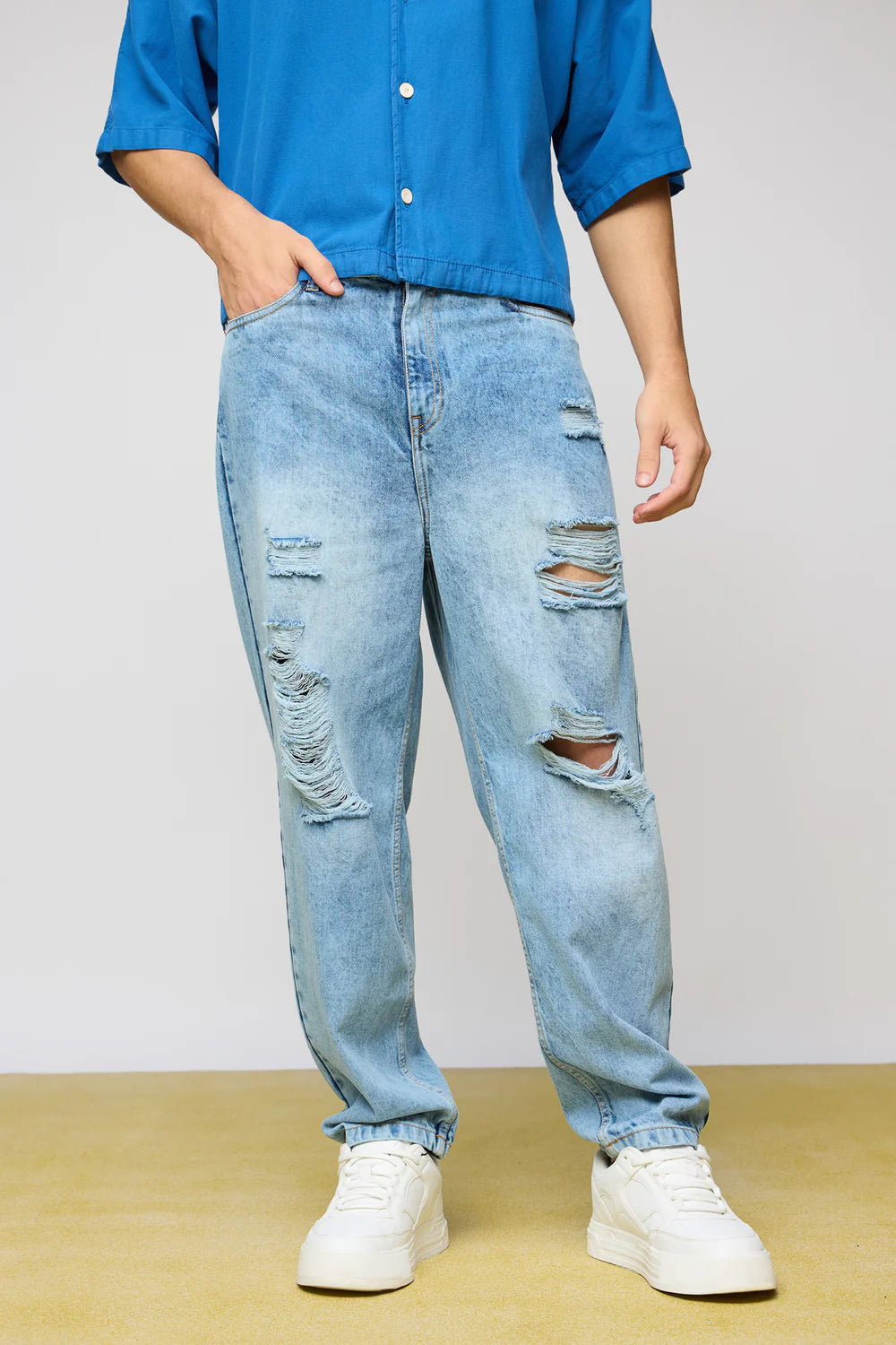 Trendy True Blue Distressed Men's Slouchy Fit Jeans with Relaxed Streetwear Style