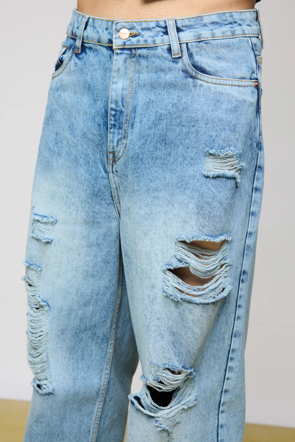 Trendy True Blue Distressed Men's Slouchy Fit Jeans with Relaxed Streetwear Style