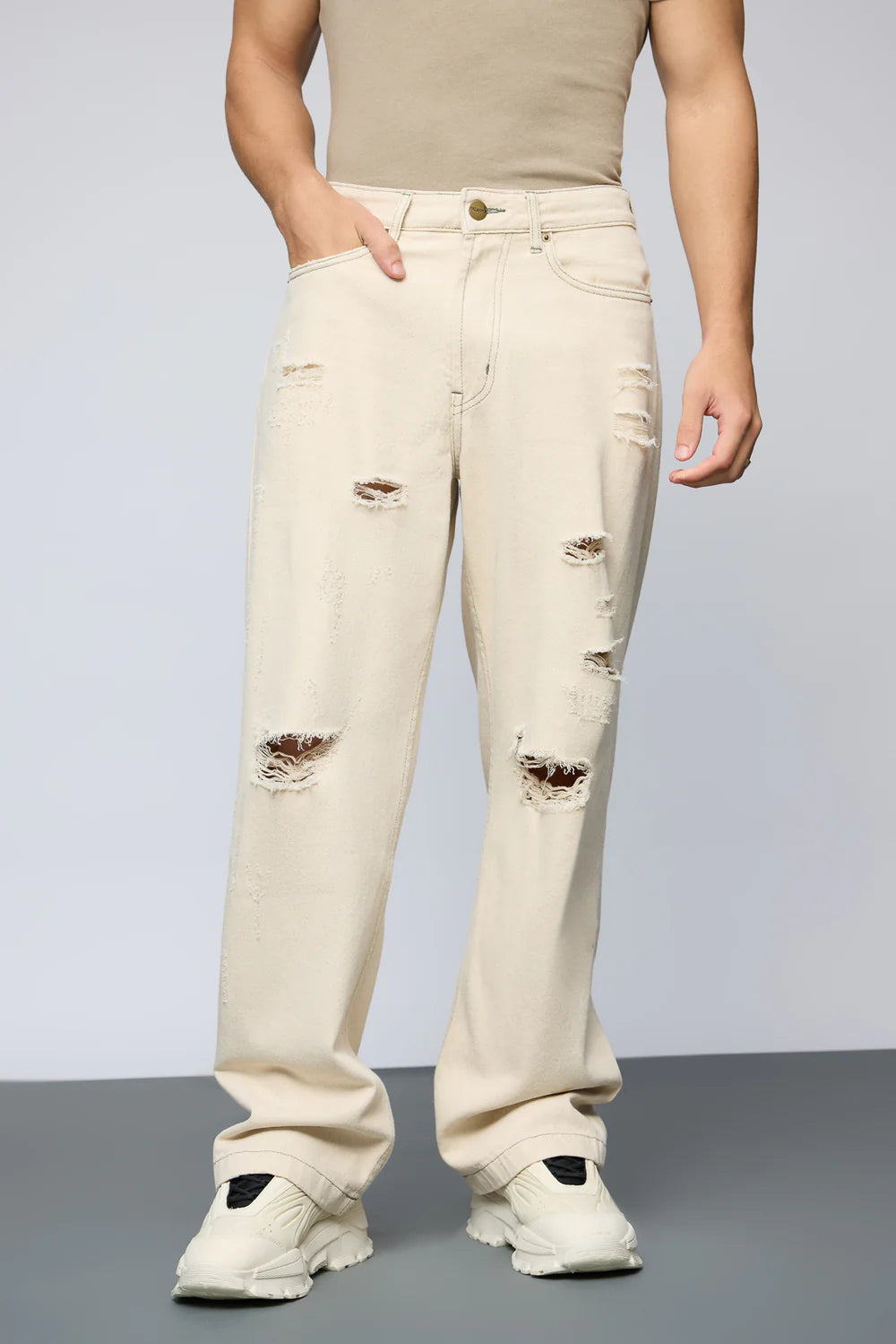 Classic Ecru Escape Distressed Baggy Straight Men's Denim Jeans with Comfortable Waist
