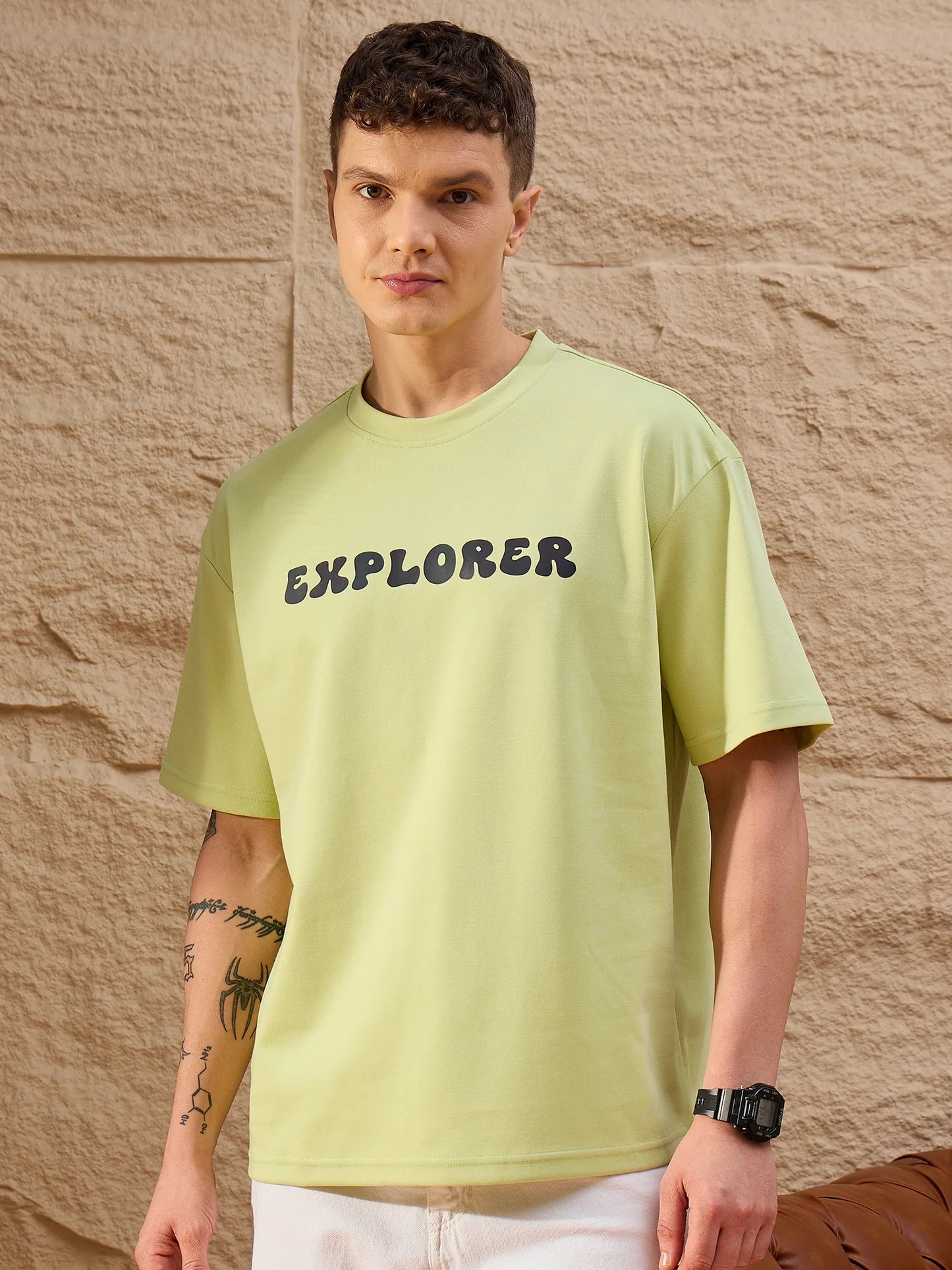 Fashionable Green Oversized T-Shirt with Drop Shoulder and Classic Round Neck for Men