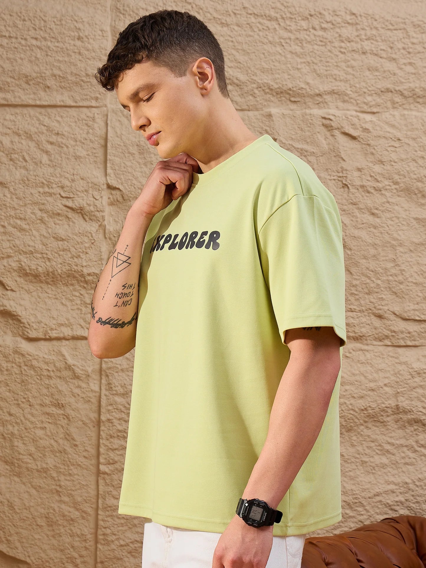 Fashionable Green Oversized T-Shirt with Drop Shoulder and Classic Round Neck for Men