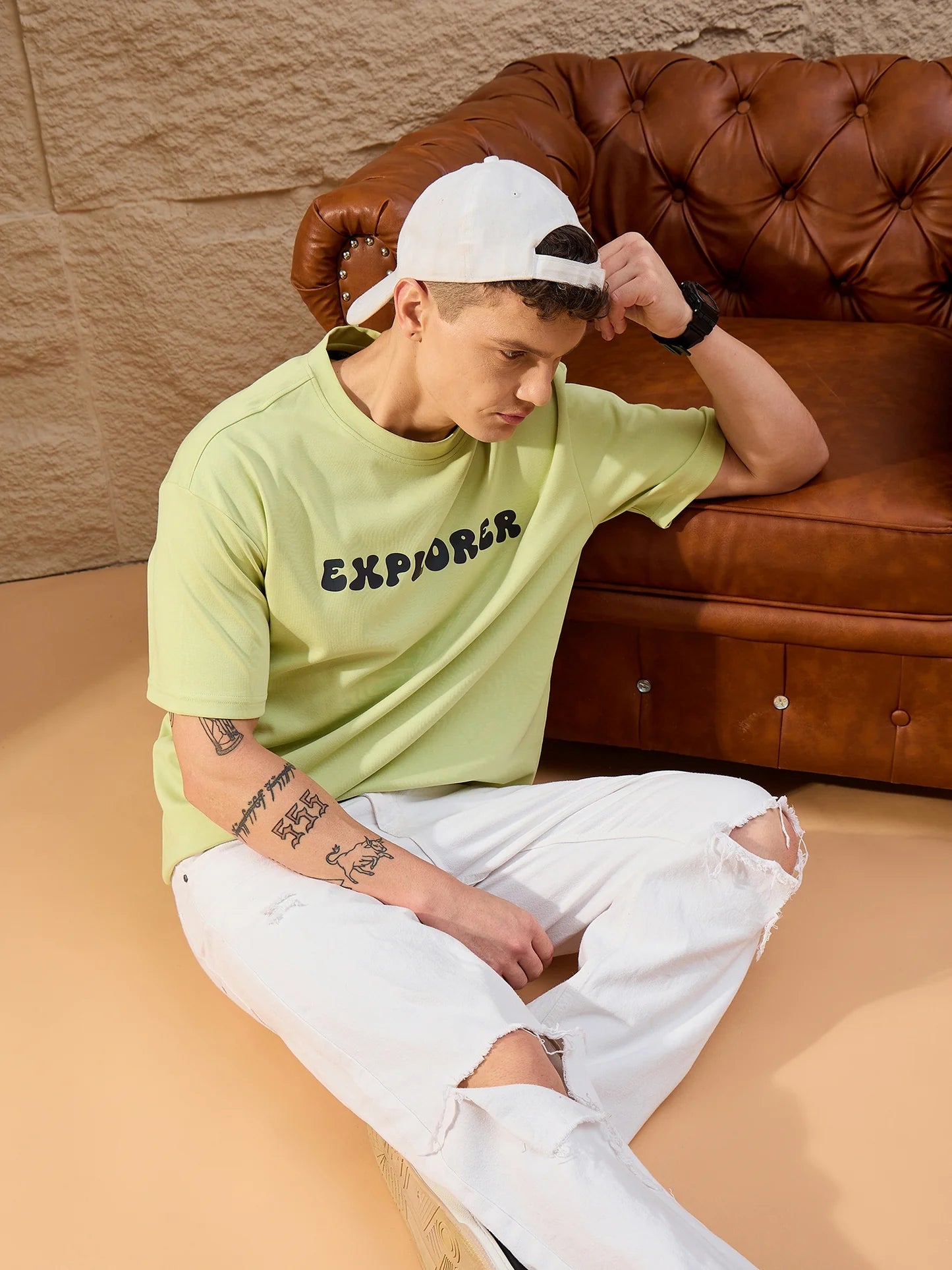 Fashionable Green Oversized T-Shirt with Drop Shoulder and Classic Round Neck for Men