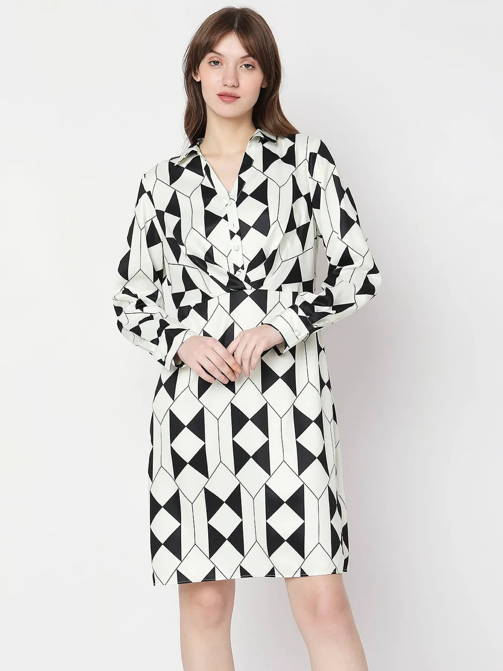 Premium Quality Women Black and White Geometric Print Dress with Elegant and Sophisticated Design