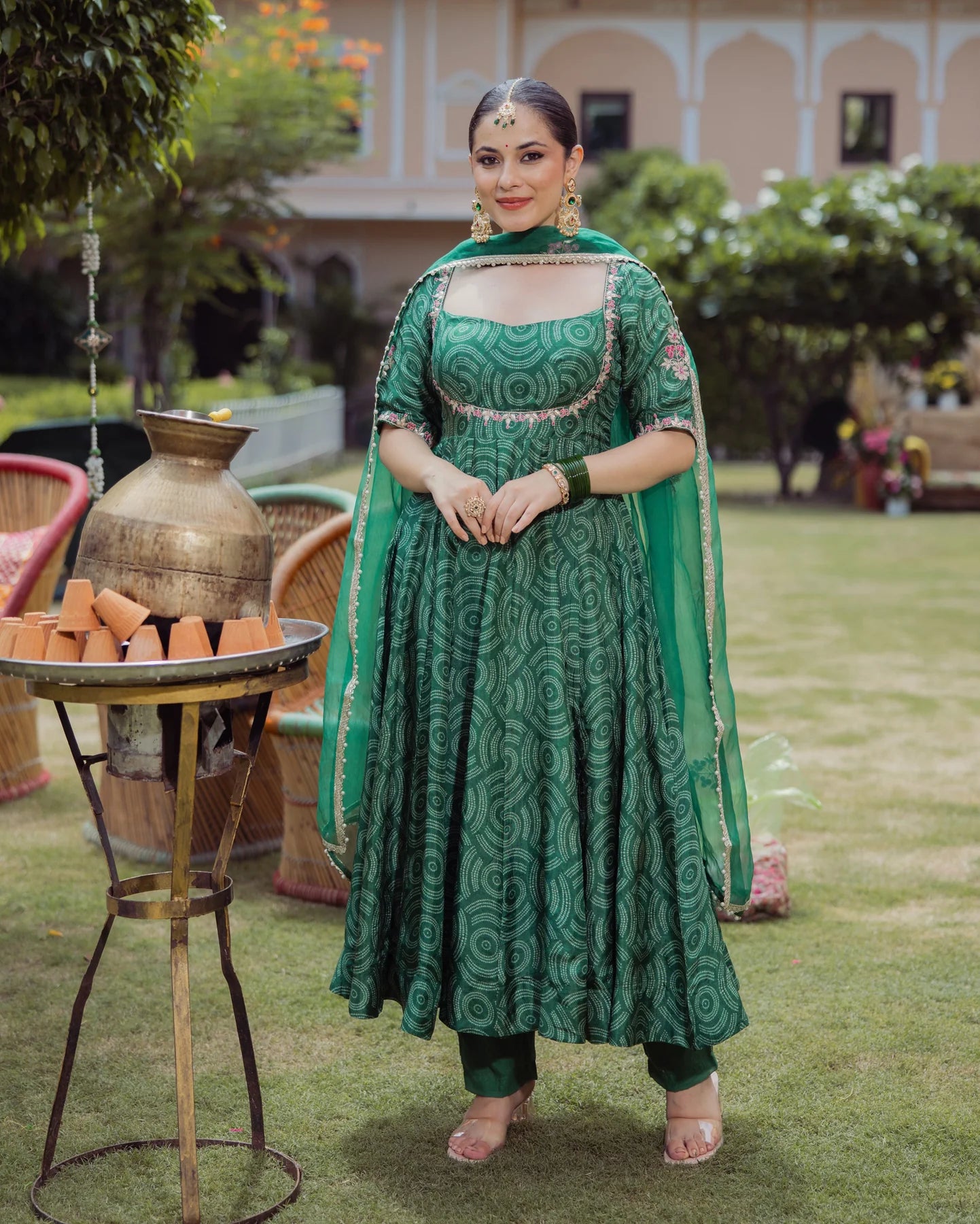 Party Wear Dark Green Bandhani Chanderi Suit Set with Dupatta for Women