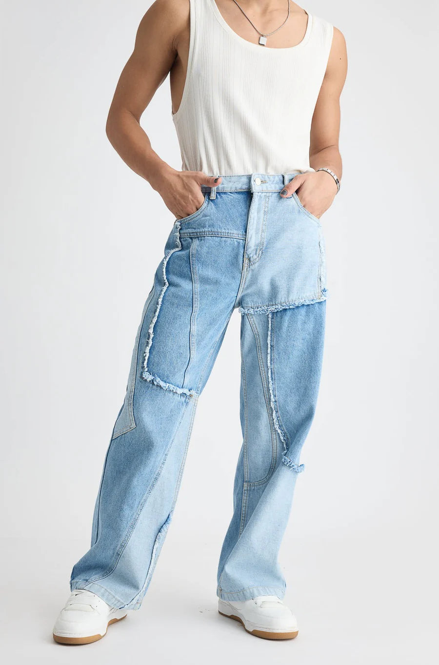Classic Blue Patchwork Straight-Fit Men's Denim Jeans with Comfortable Regular Fit