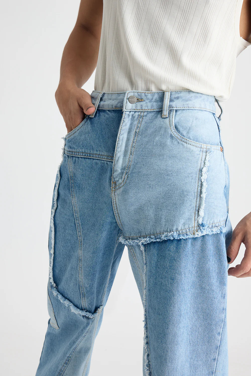Classic Blue Patchwork Straight-Fit Men's Denim Jeans with Comfortable Regular Fit