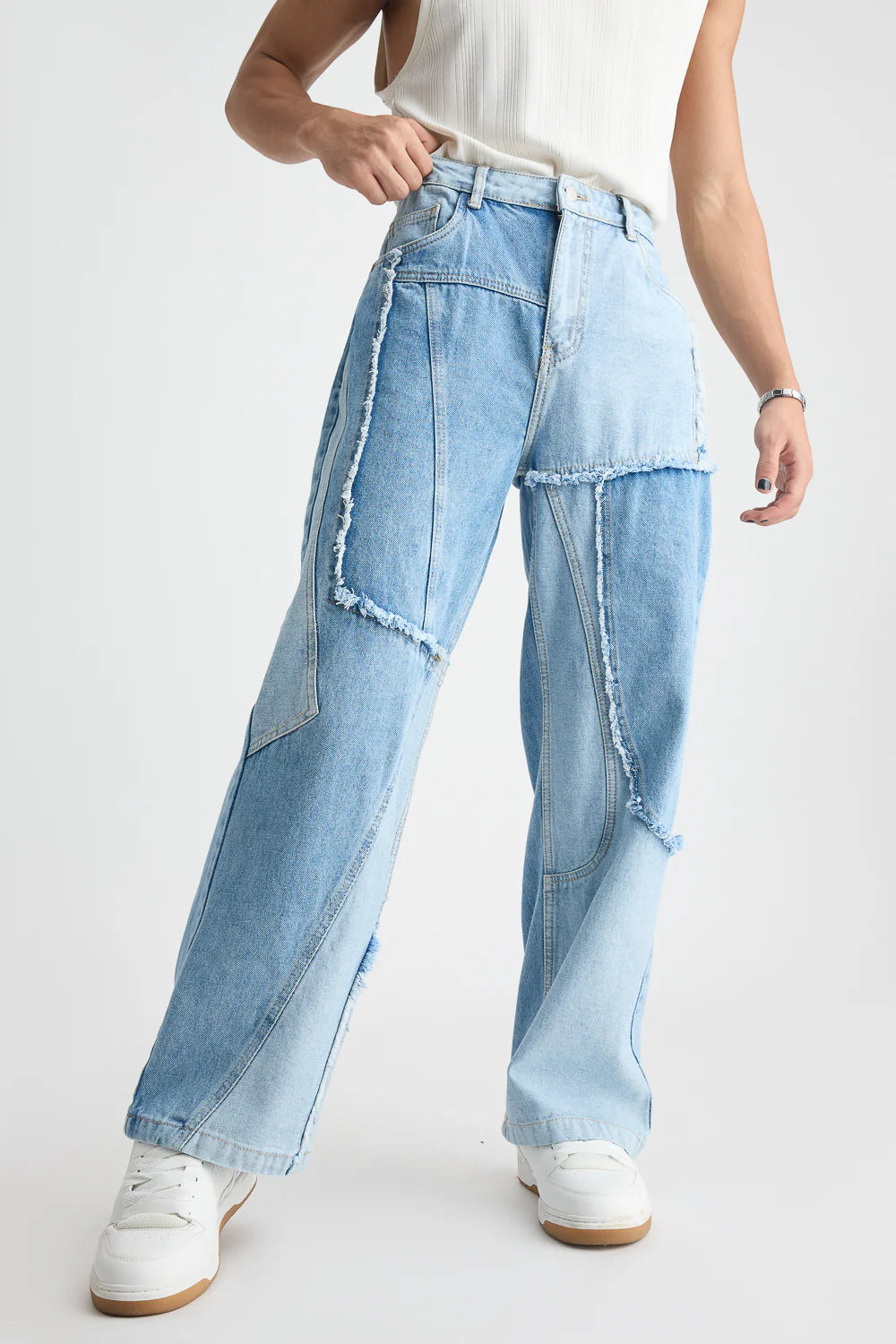 Classic Blue Patchwork Straight-Fit Men's Denim Jeans with Comfortable Regular Fit