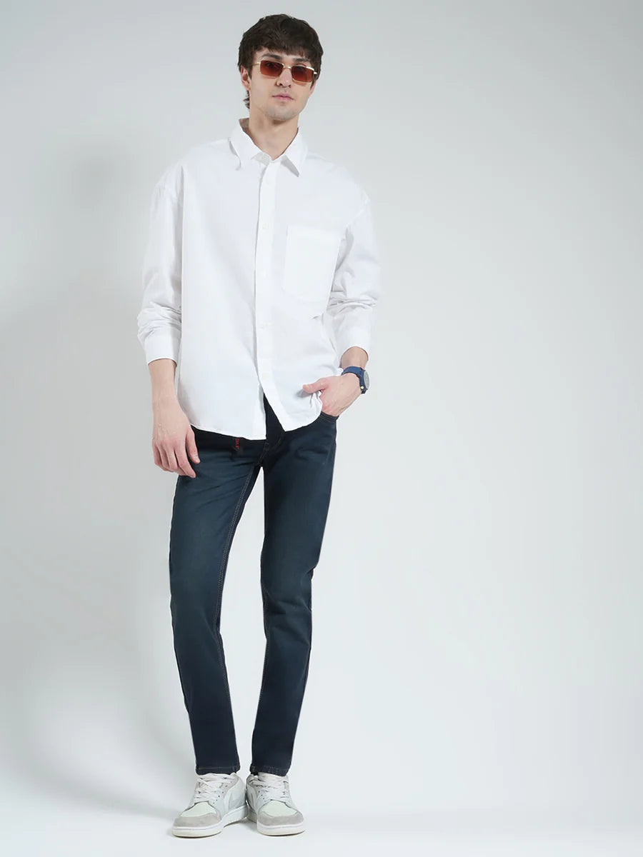 Blue Solid Regular Fit Denim Jeans Men Comfortable Relaxed Casual Look