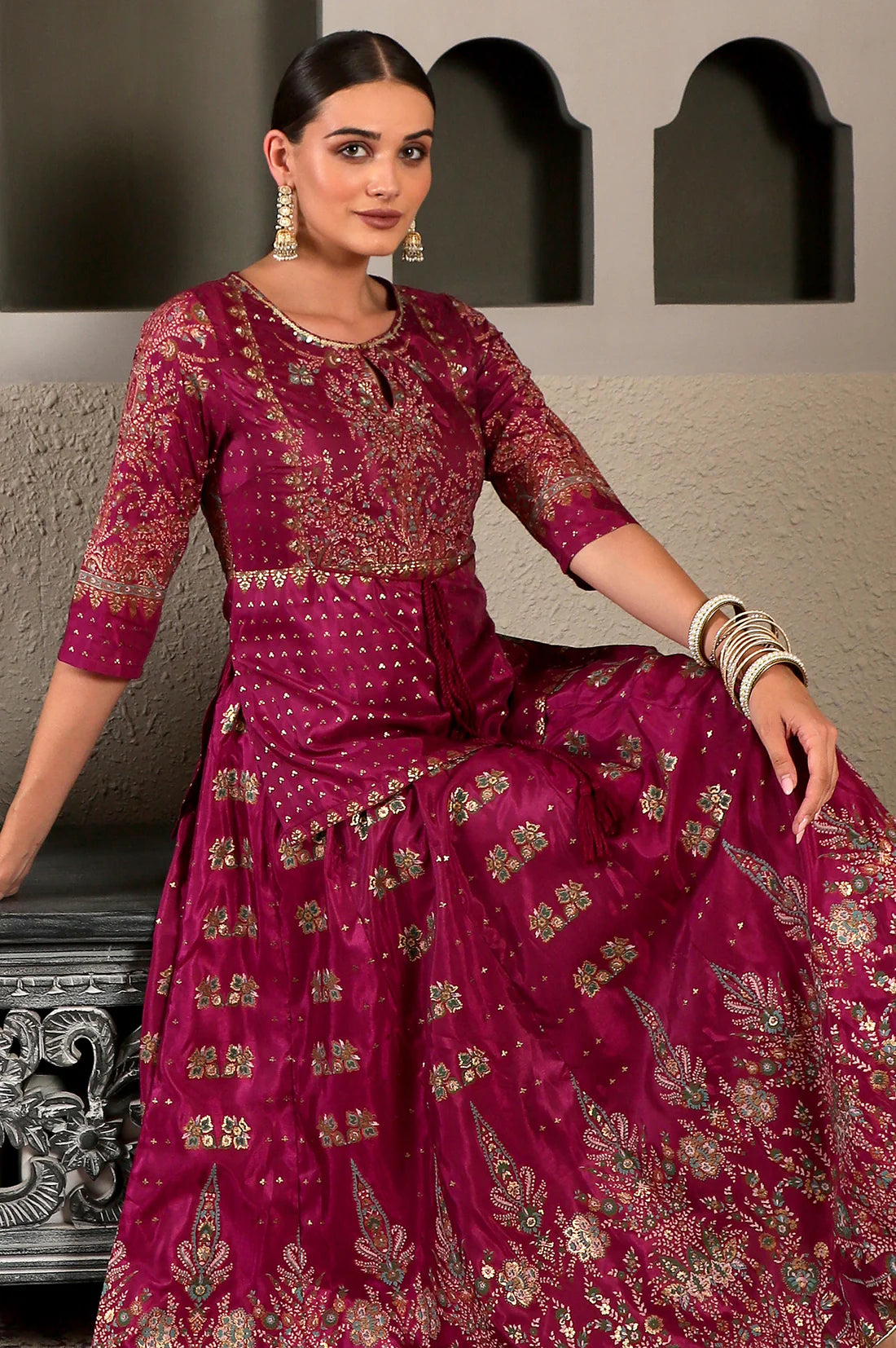 Purple Glitter Floral Embellished Shantung A-Line Duo Dress