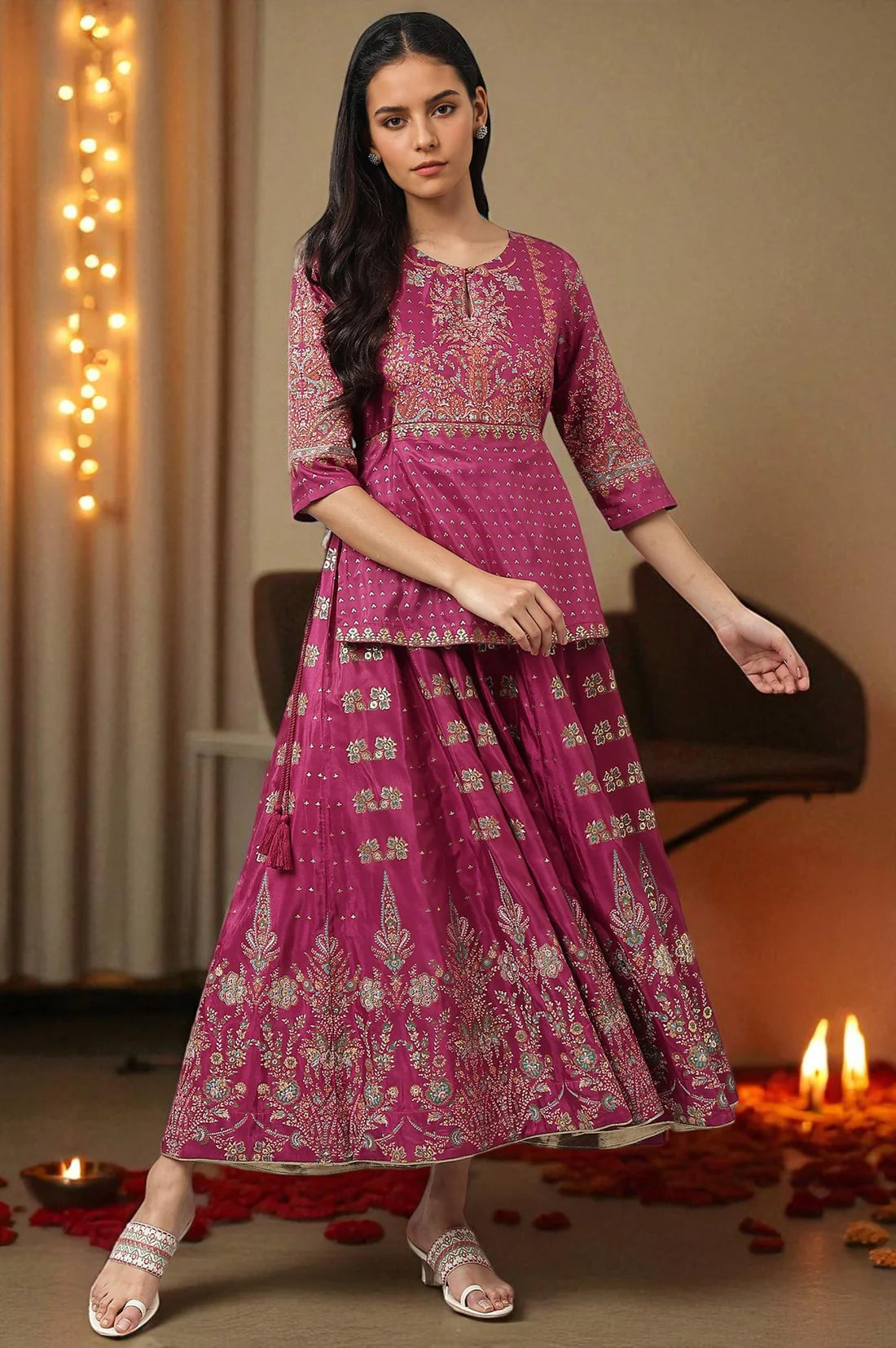 Purple Glitter Floral Embellished Shantung A-Line Duo Dress