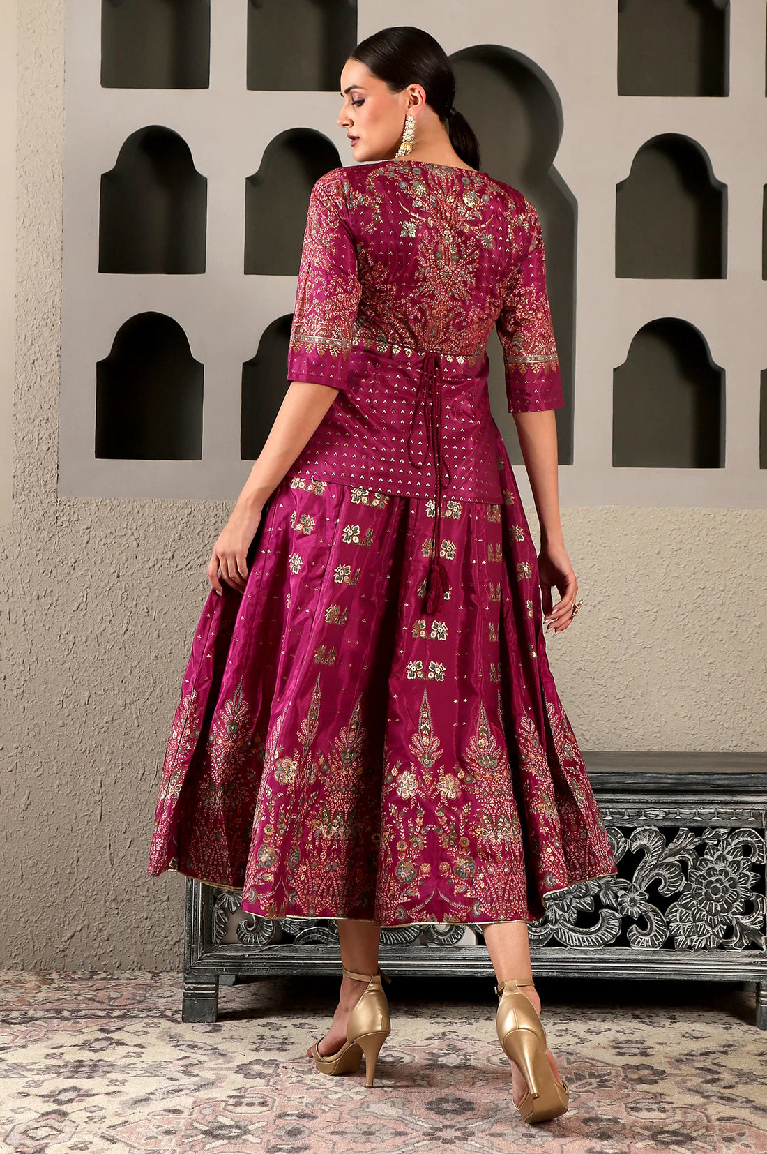 Purple Glitter Floral Embellished Shantung A-Line Duo Dress