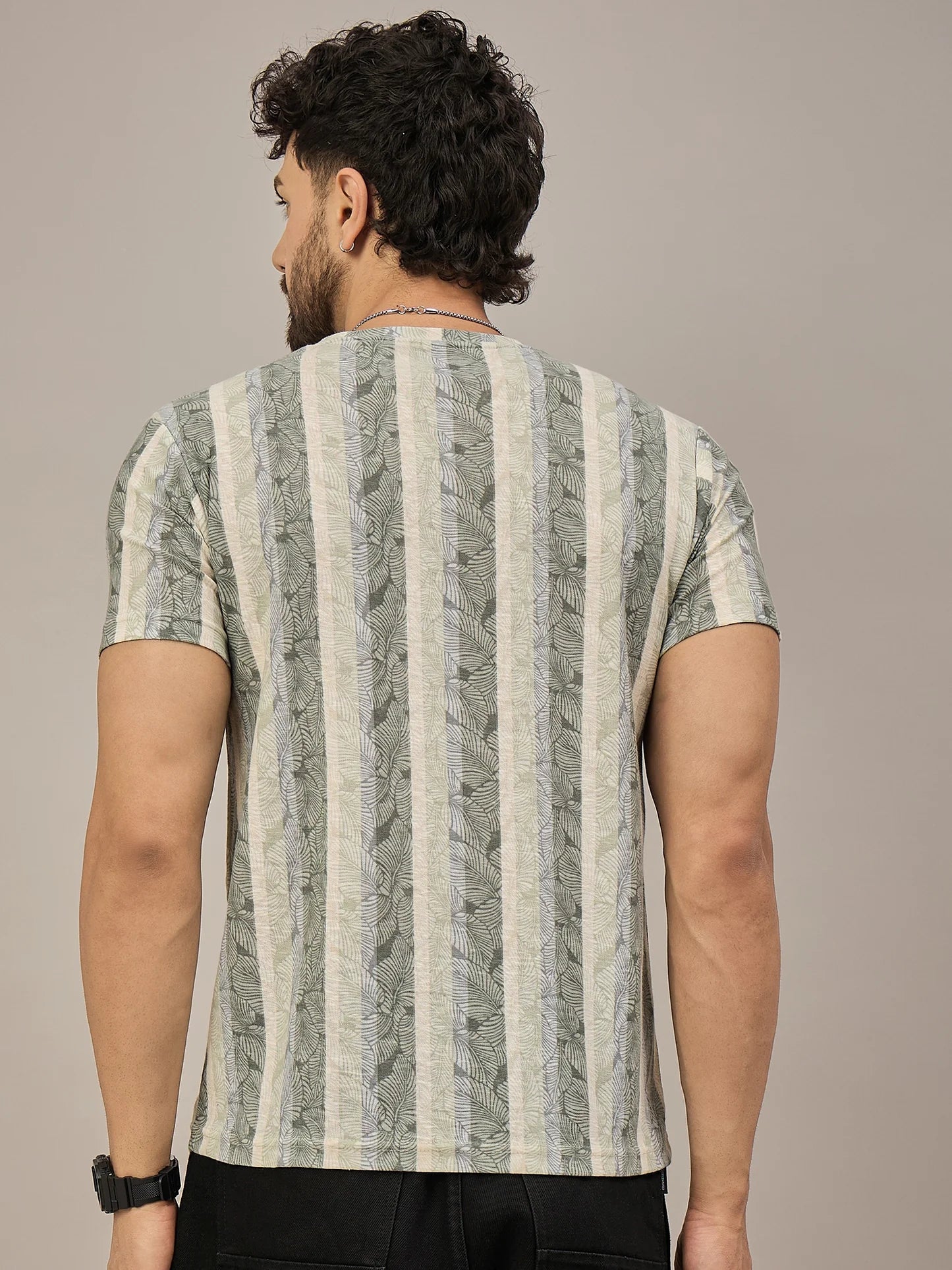 Soft Cotton Men’s Green and Light Blue Striped Round Neck T-Shirt