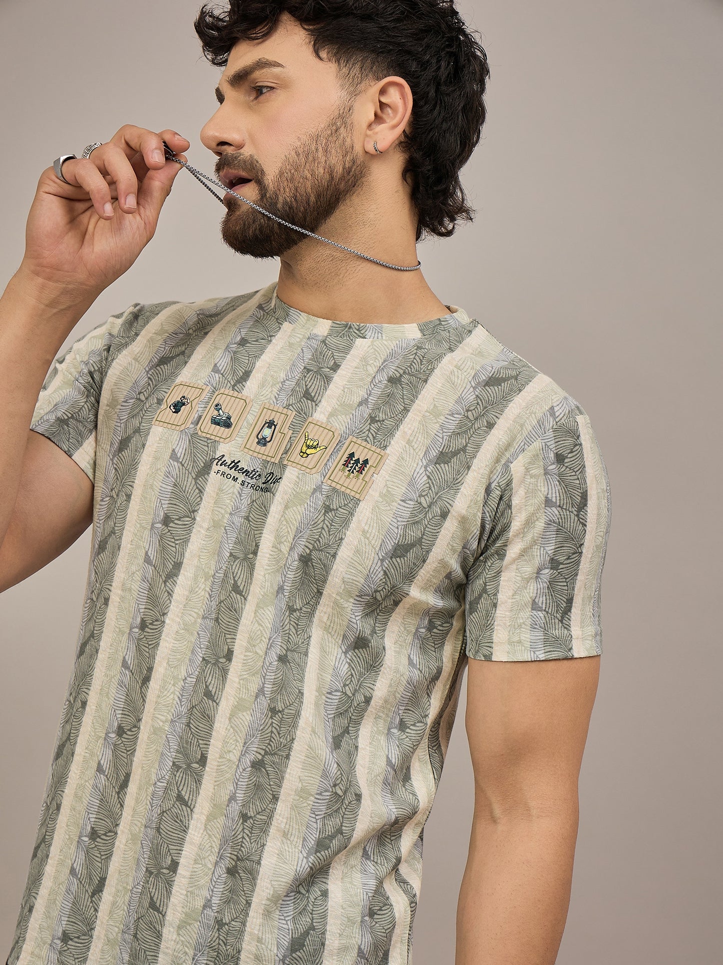 Soft Cotton Men’s Green and Light Blue Striped Round Neck T-Shirt