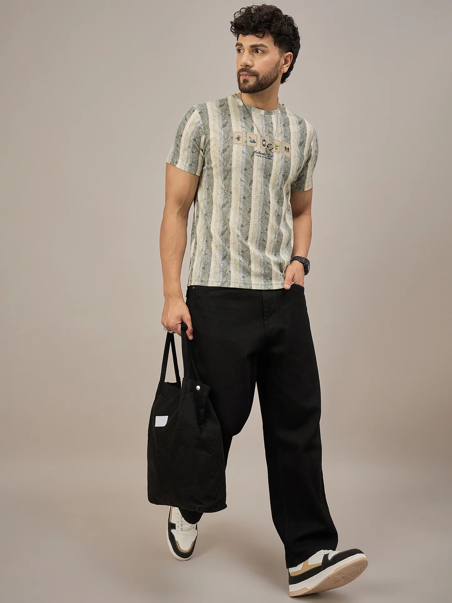 Soft Cotton Men’s Green and Light Blue Striped Round Neck T-Shirt