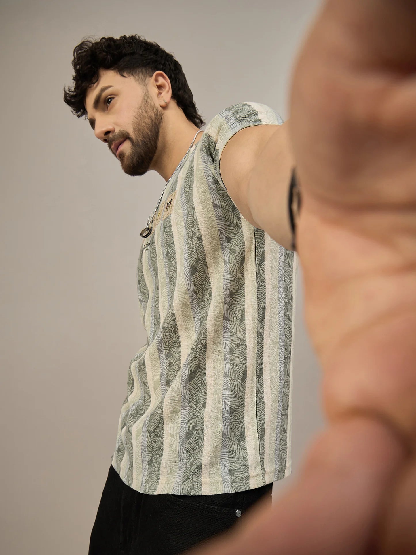Soft Cotton Men’s Green and Light Blue Striped Round Neck T-Shirt