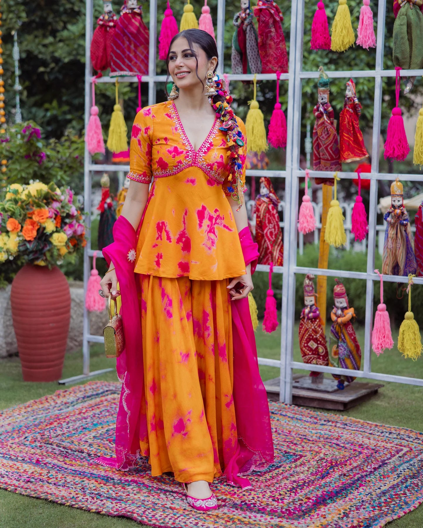 Festive Wear Orange Pink Tie Dye Muslin Sharara Ensemble with Traditional and Modern Fusion Style