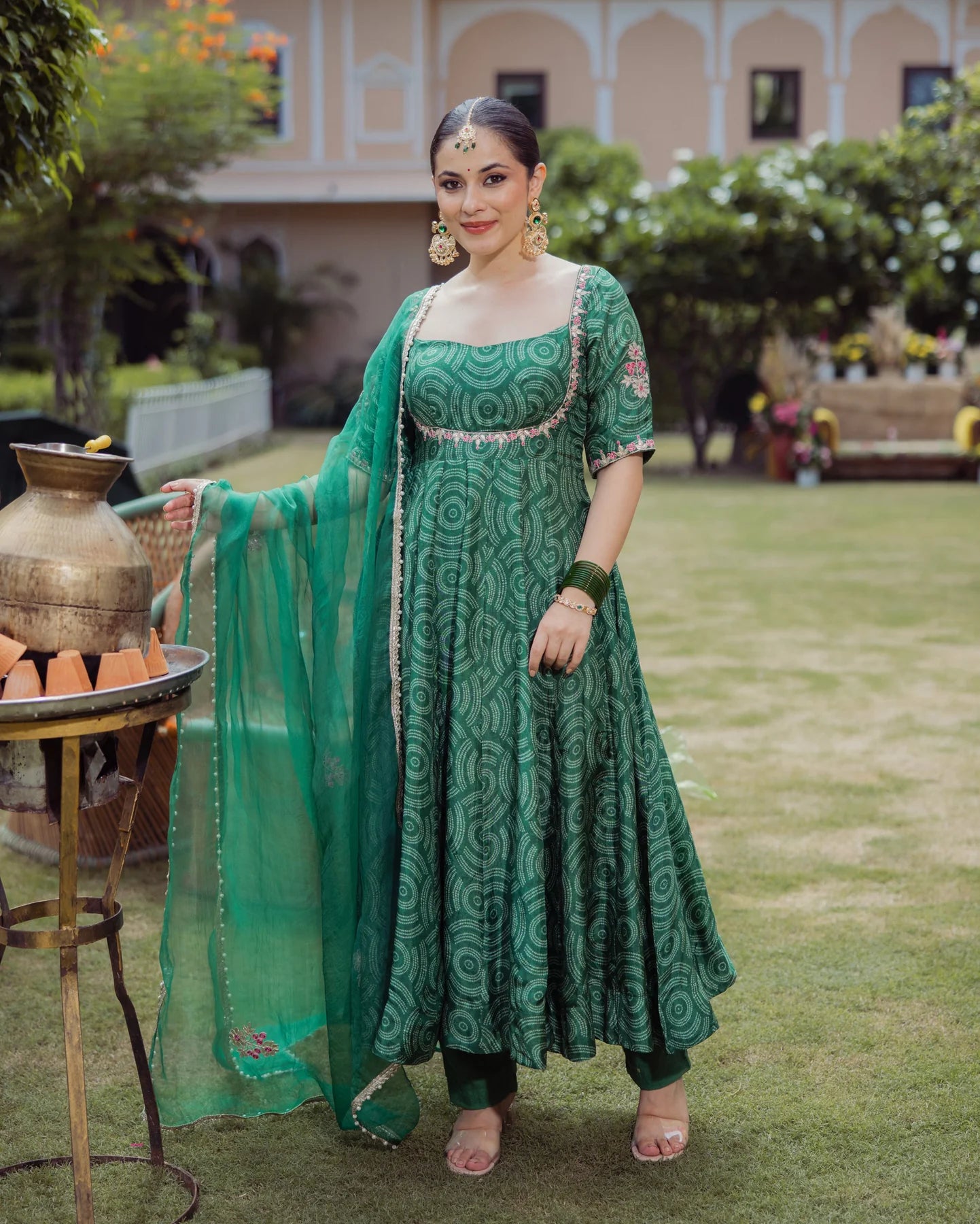 Party Wear Dark Green Bandhani Chanderi Suit Set with Dupatta for Women