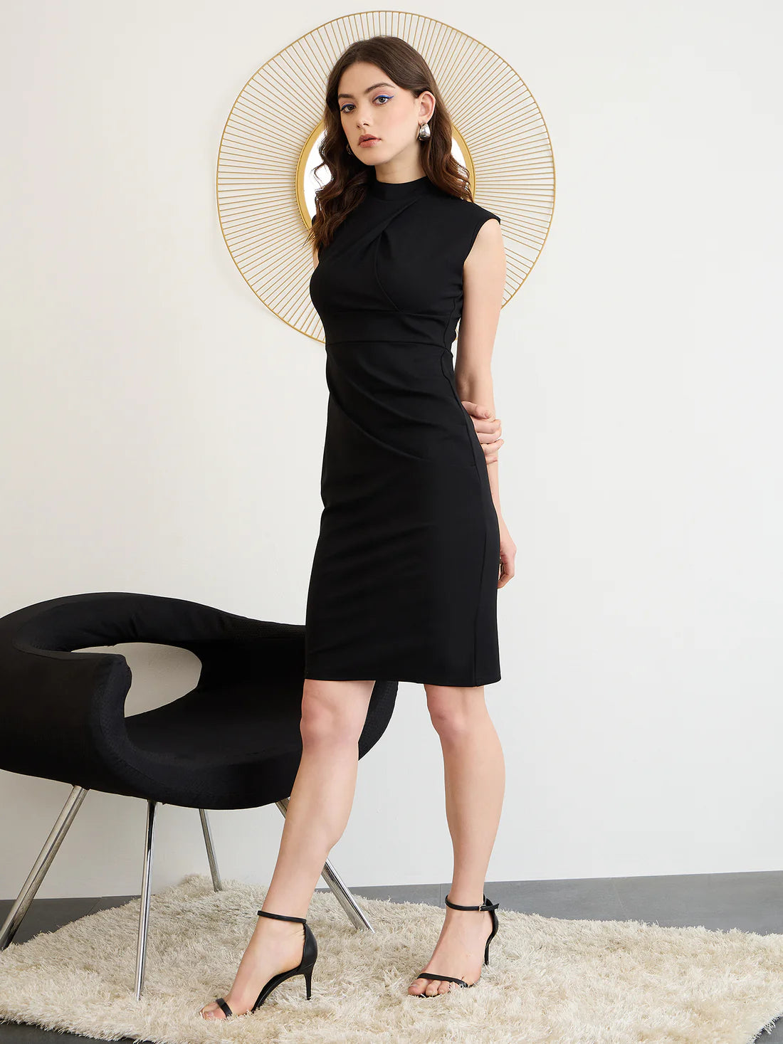 Premium Solid Black Bodycon Midi Dress for Women Featuring High Neck Sleeveless Style Straight Hem and Layered Detailing