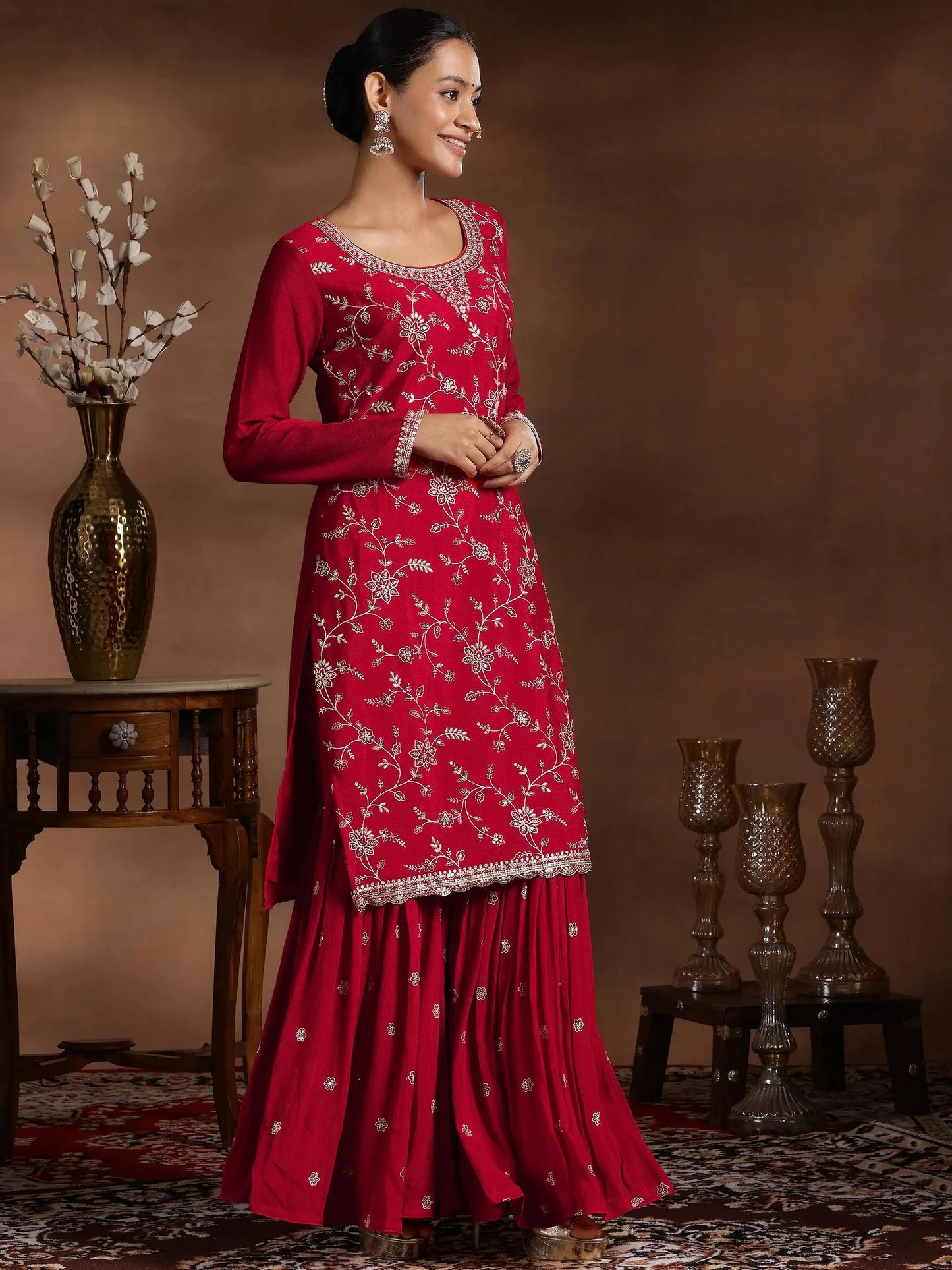 Fashionable Red Silk Blend Straight Suit with Embroidery and Dupatta for Women Party Wear