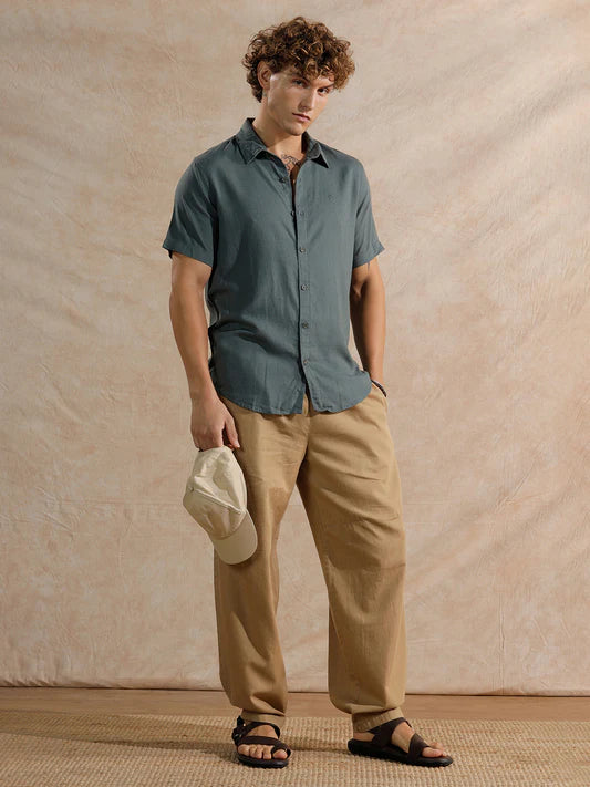 Solid Linen Blend Dark Blue Shirt Slim Fit Modern Casual and Semi Formal Style